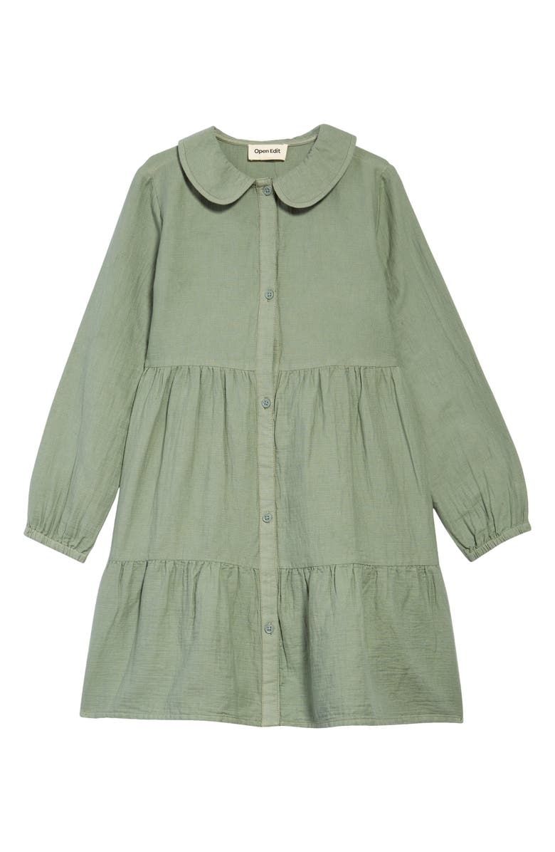 Open Edit Kids' Tiered Long Sleeve Cotton Shirt Dress, Main, color, 