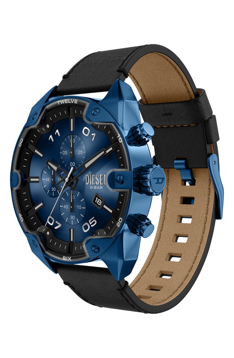 DIESEL<sup>®</sup> Spiked Blue Chronograph Leather Strap Watch, 49mm, Alternate, color, Blue