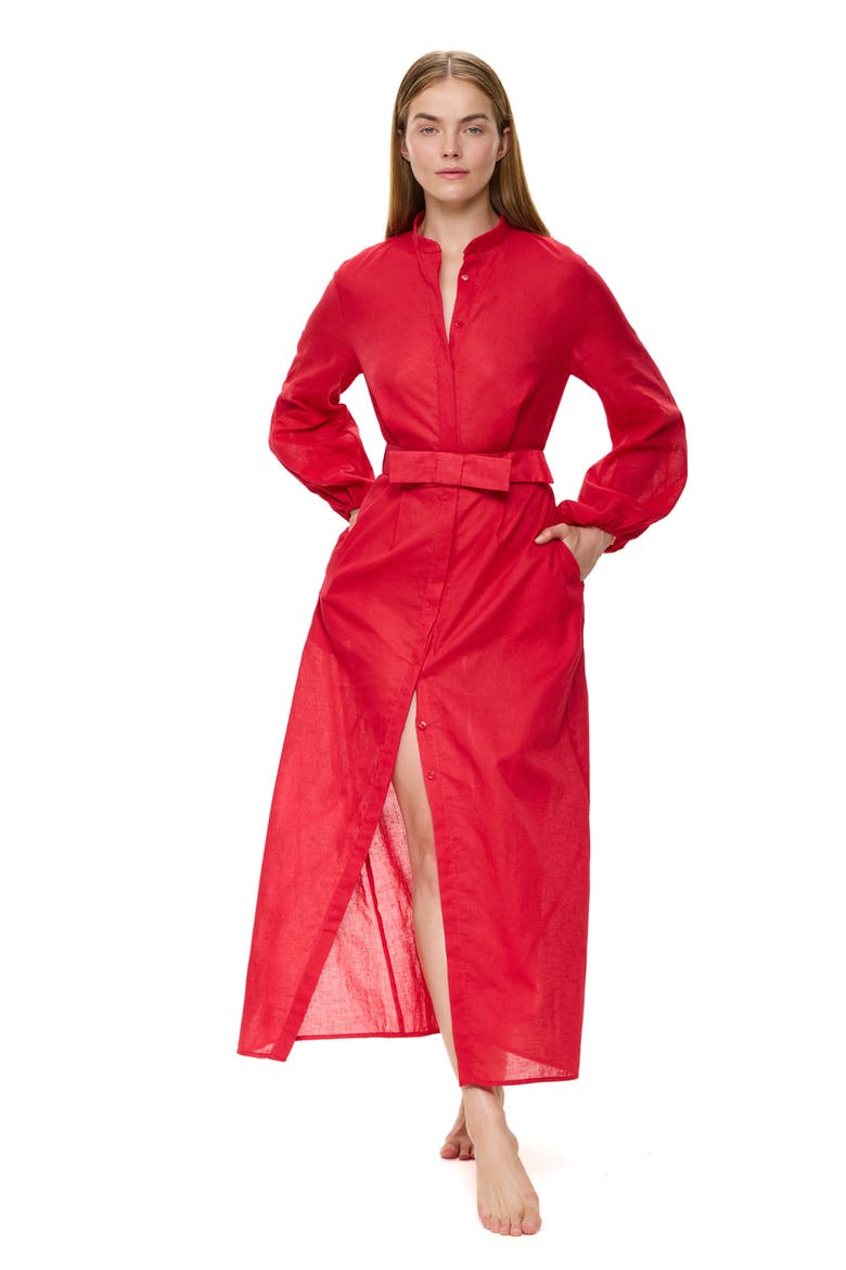 Modern Muse Belted Button Up Linen Dress Cover-Up, Alternate, color, Red