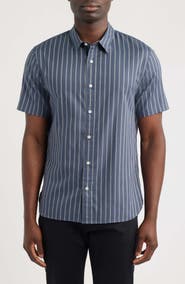 Vince Marin Stripe Short Sleeve Cotton Blend Button-Up Shirt