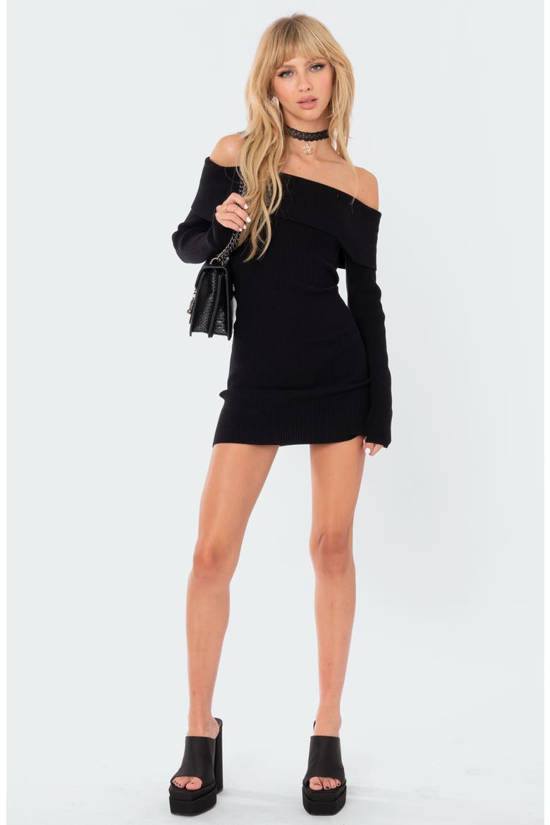 Emma Long Sleeve Off the Shoulder Minidress, Alternate, color, BLACK