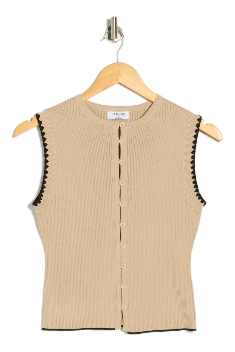 Contrast Stitch Knit Button Front Top, Alternate, color, KHAKI