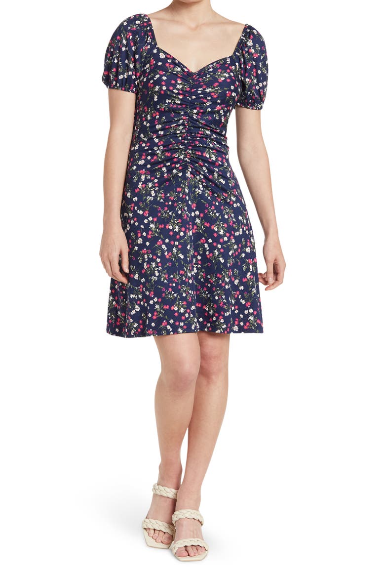 Puff Sleeve Ruched Dress, Alternate, color, NAVY/ FUSCHIA/ WHITE