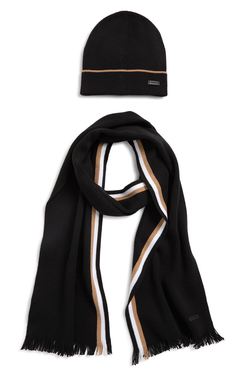 BOSS Henzo Beanie & Scarf Set, Main, color, Black