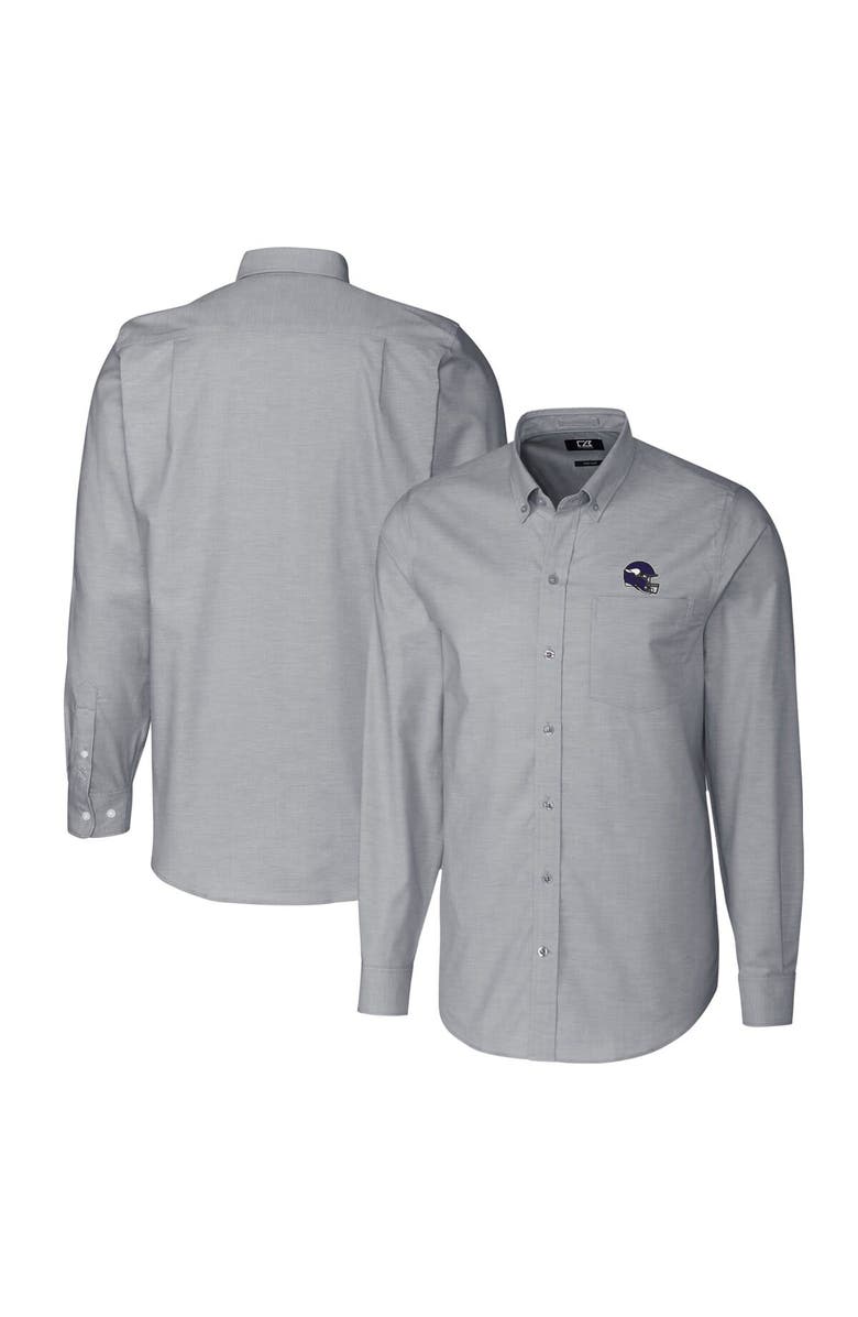 Cutter & Buck Men's Cutter & Buck  Charcoal Minnesota Vikings Helmet Stretch Oxford Long Sleeve Button-Down Shirt, Main, color, 