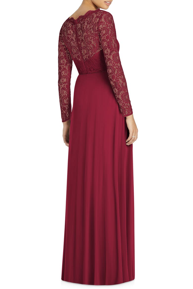 Long Sleeve Lace & Chiffon A-Line Gown, Alternate, color, BURGUNDY
