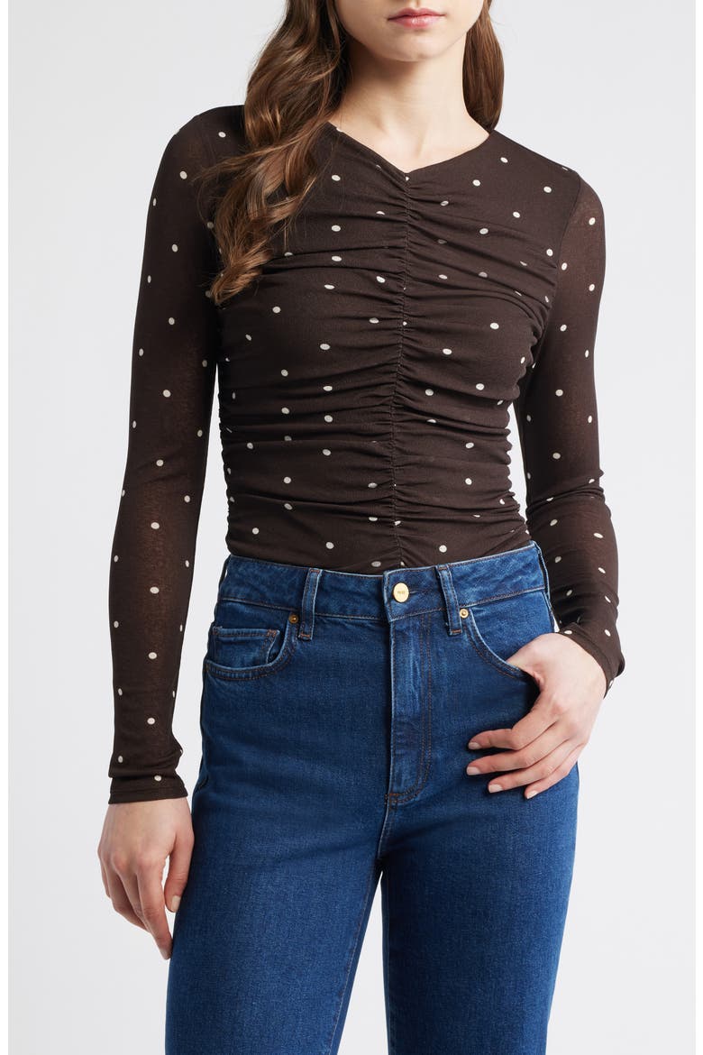 Georgina Dot Ruched Top, Alternate, color, COCOA POLKA DOTS