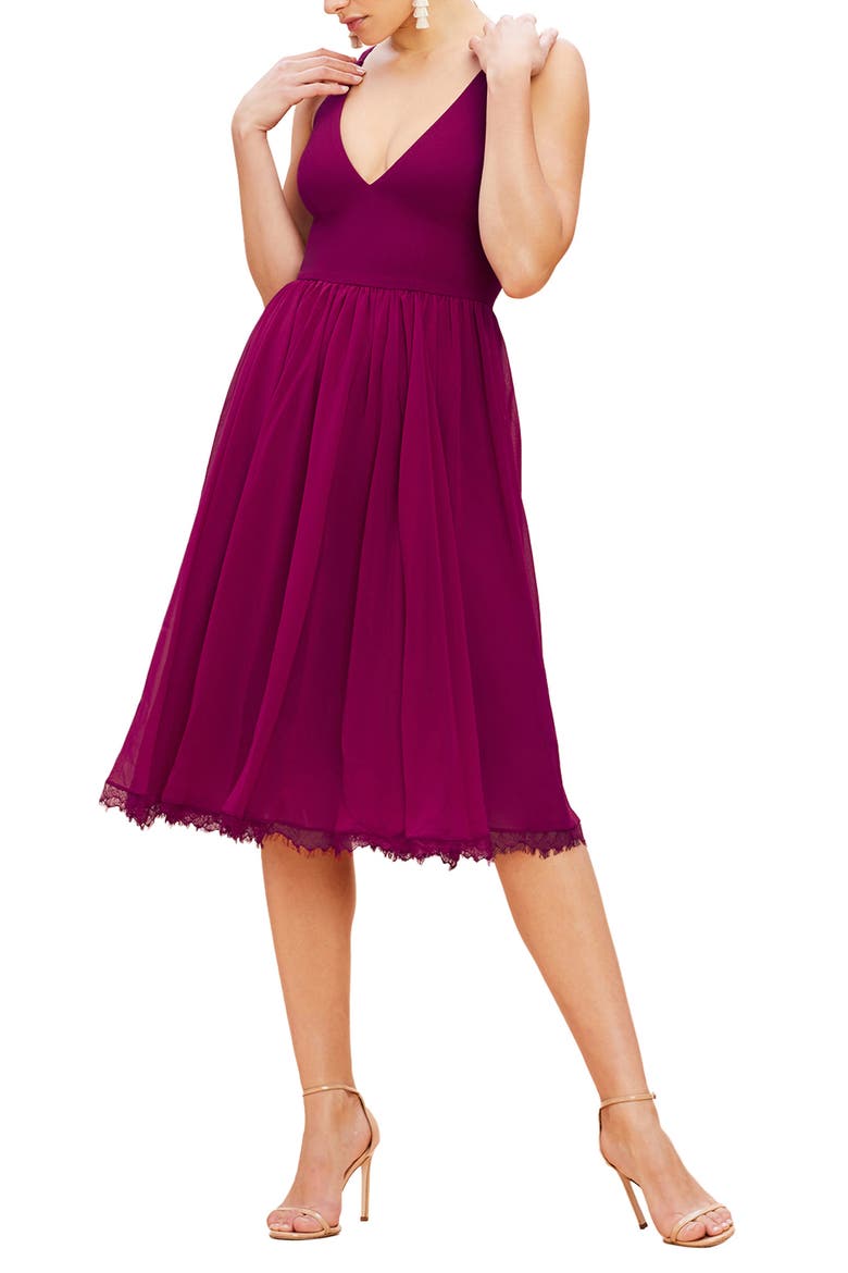 Alicia Mixed Media Midi Dress, Main, color, DARK MAGENTA