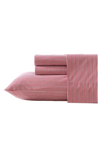 Nautica Penny Pinstripe 200 Thread Count Cotton Percale Sheet Set In White/red