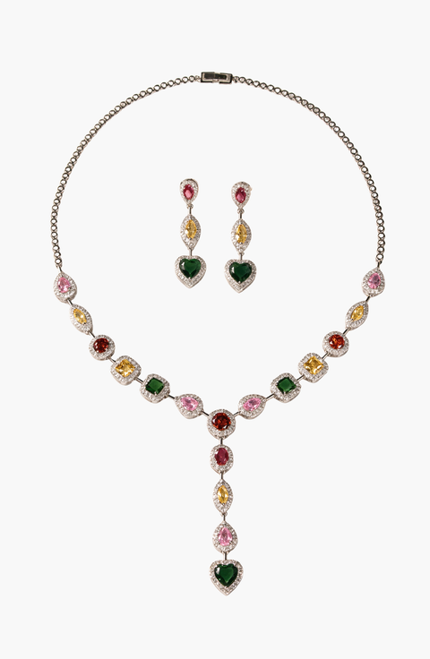 Crystal Heart Drop Necklace And Matching Dangle Earring Set