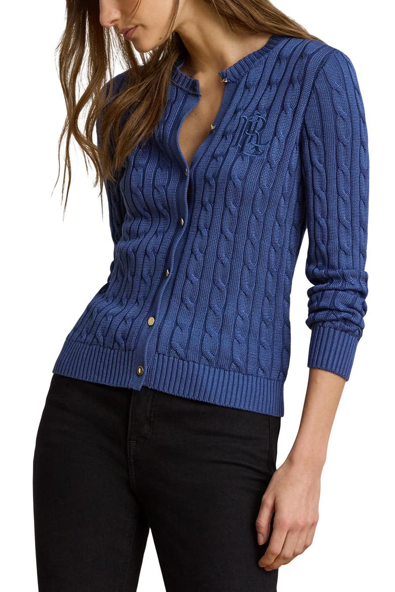 Cable Stitch Cotton Blend Cardigan, Main, color, INKY BLUE