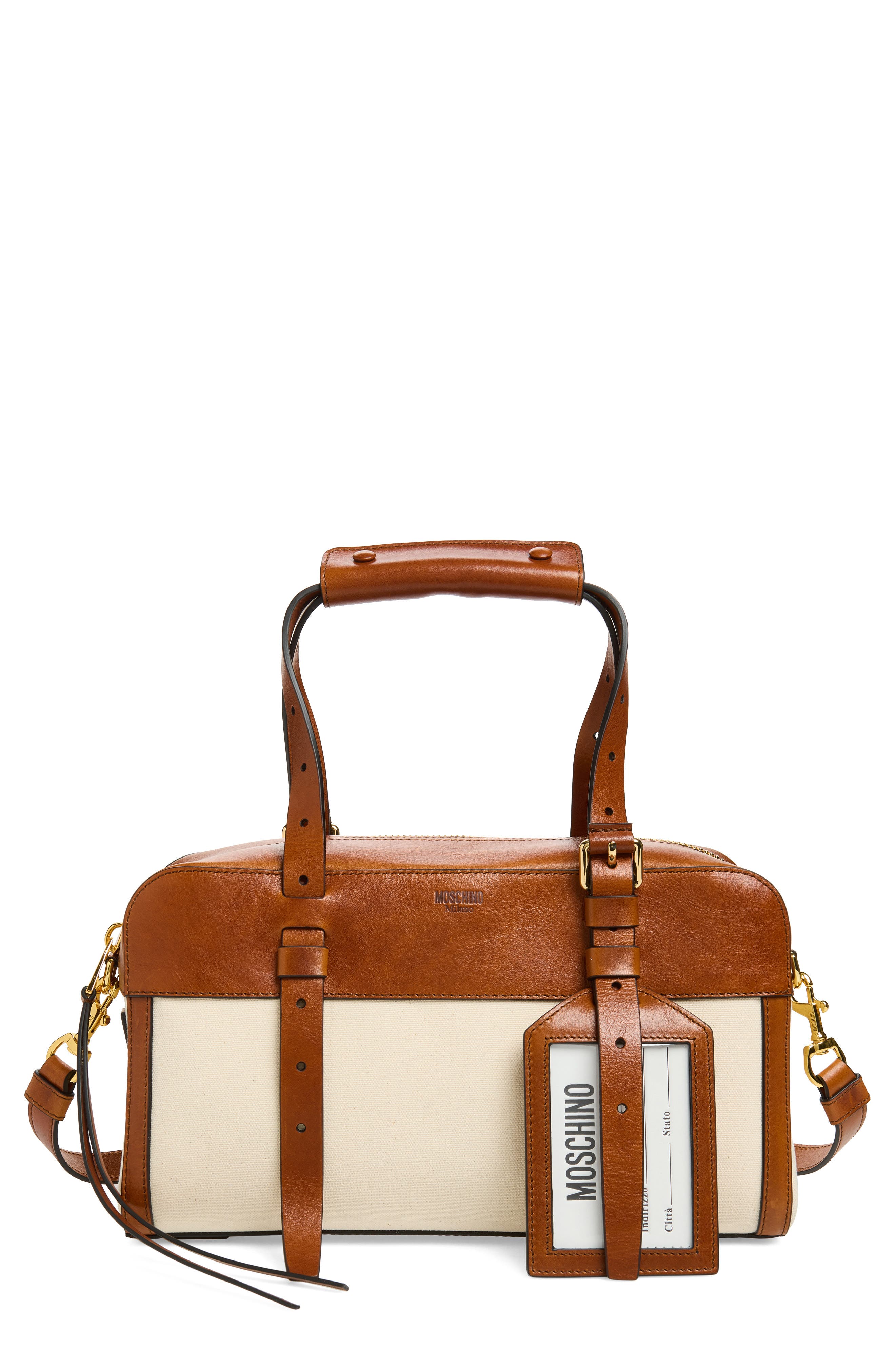 Moschino ID Leather & Canvas Shoulder Bag, Main, color, Natural/ Hide 10A Oo9