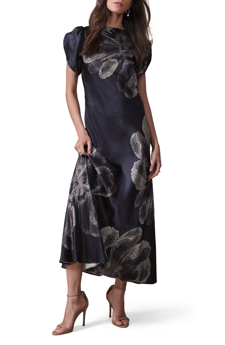 MINT VELVET Floral Print Satin Midi Dress, Alternate, color, Navy