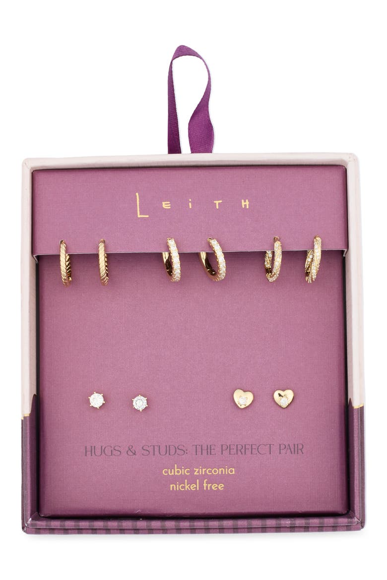 5-Pack Hearts Hugs & Studs Earrings Set, Main, color, CLEAR- GOLD