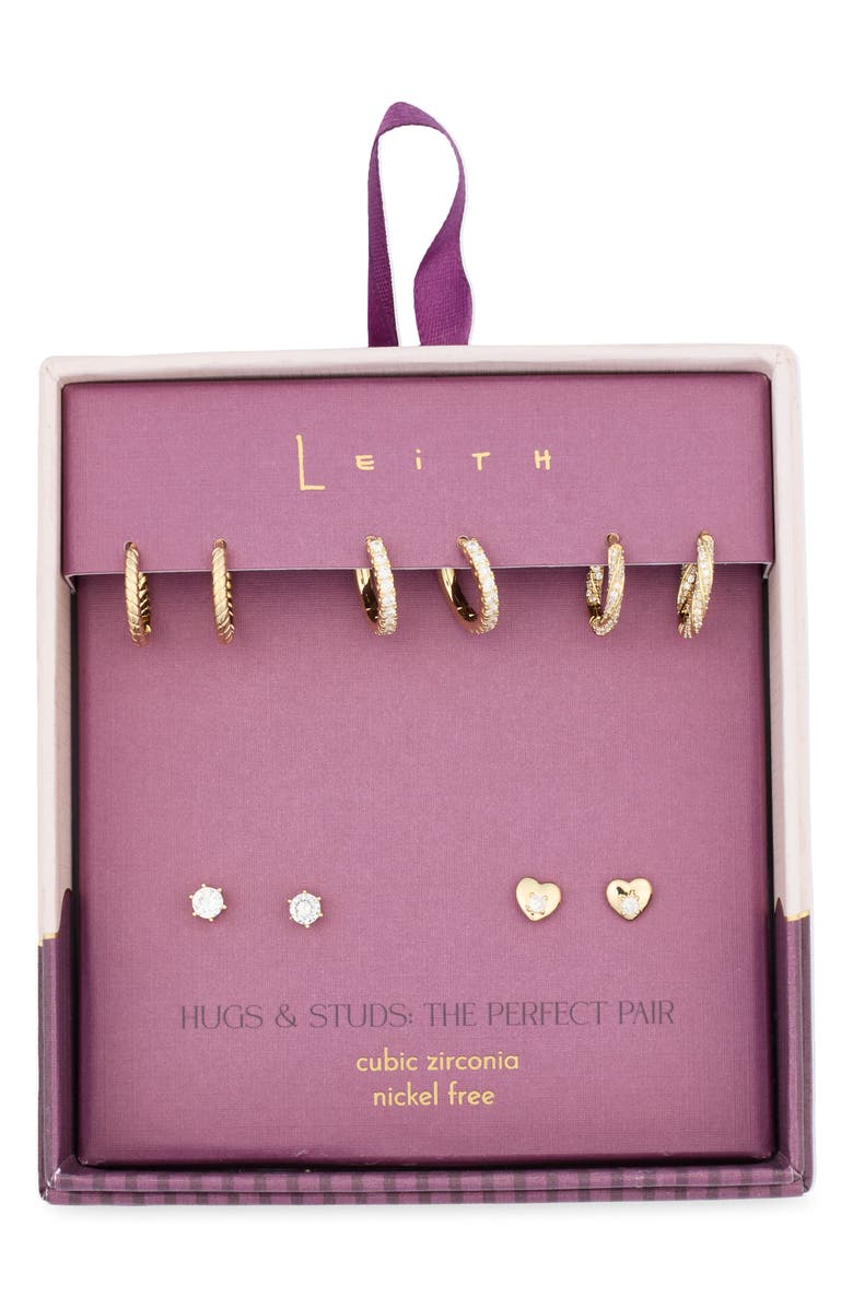 Leith 5-Pack Hearts Hugs & Studs Earrings Set, Main, color, Clear- Gold