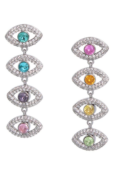 Crystal & CZ Evil Eye Linear Drop Earrings