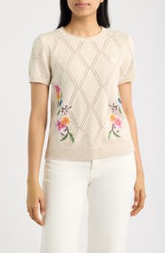 Tommy Bahama Diamond Stitch Floral Embroidered Sweater