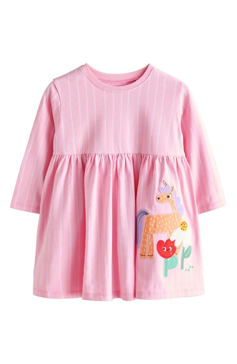 NEXT Kids' Unicorn Appliqué Long Sleeve Cotton Jersey Dress, Main, color, Pink