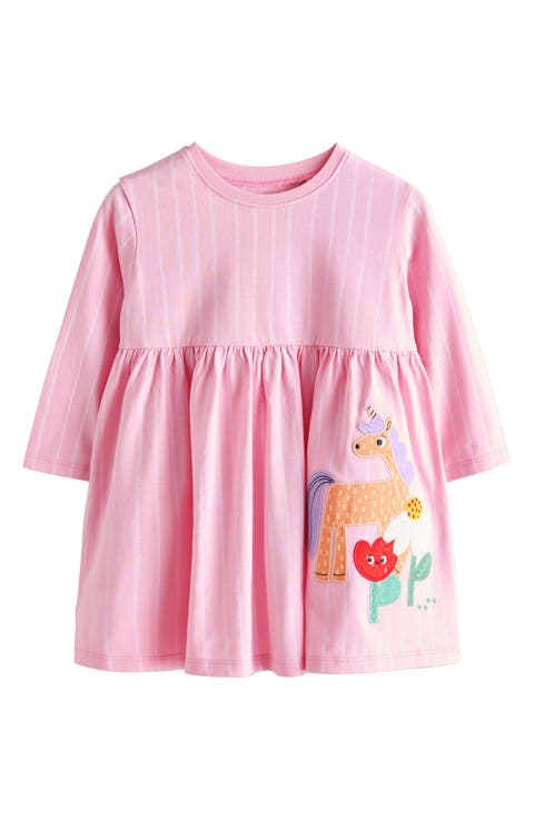 Kids' Unicorn Appliqué Long Sleeve Cotton Jersey Dress (Baby, Toddler & Little Kid)