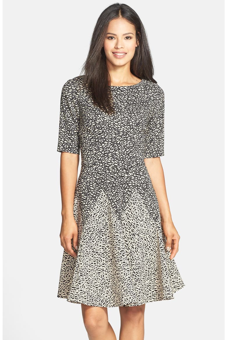 Print Ponte Fit & Flare Dress, Main, color, TAN/ BLACK