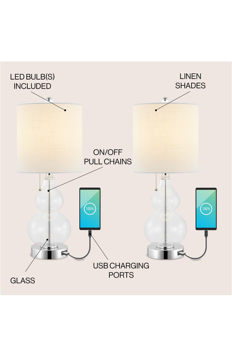 JONATHAN Y Cora 22" Classic Vintage Glass LED Table Lamp with USB Charging Port, Alternate, color, Chrome/Clear