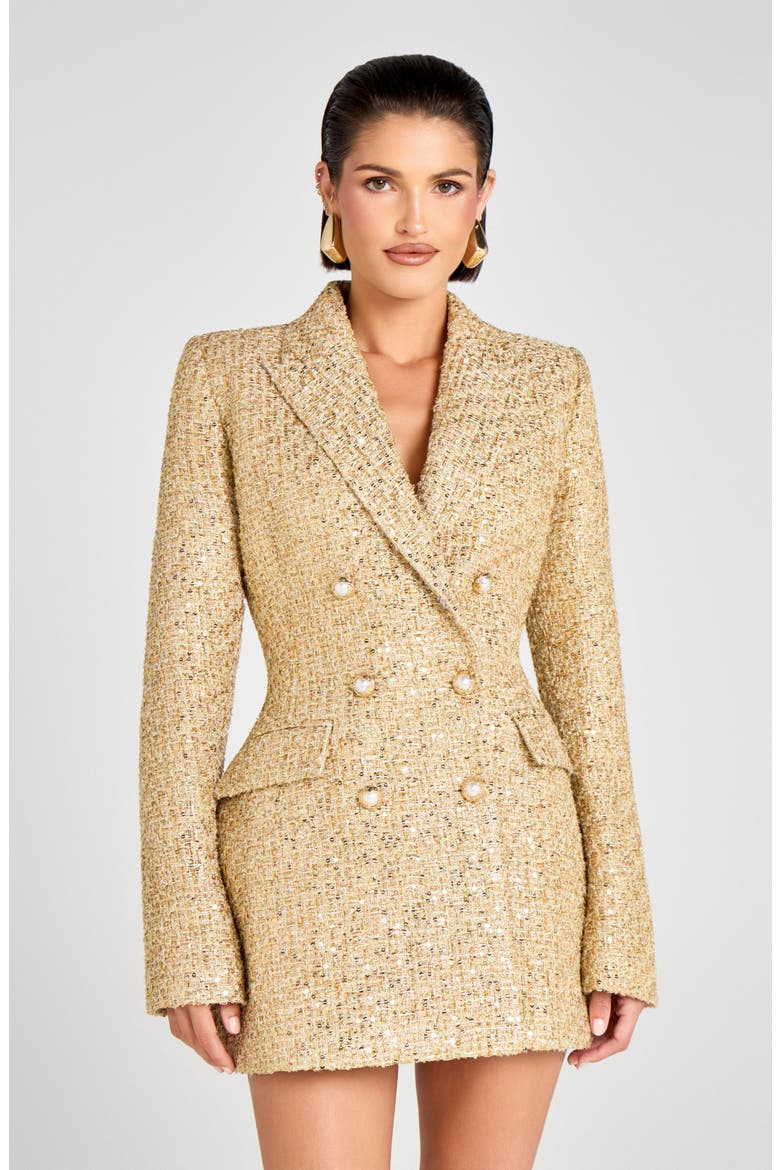 Metallic Tweed Long Sleeve Cocktail Coat Dress, Alternate, color, GOLD