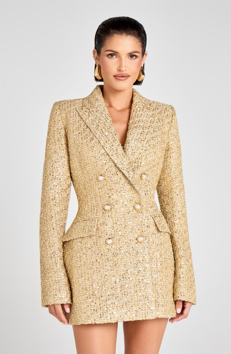 NADINE MERABI Metallic Tweed Long Sleeve Cocktail Coat Dress, Alternate, color, Gold