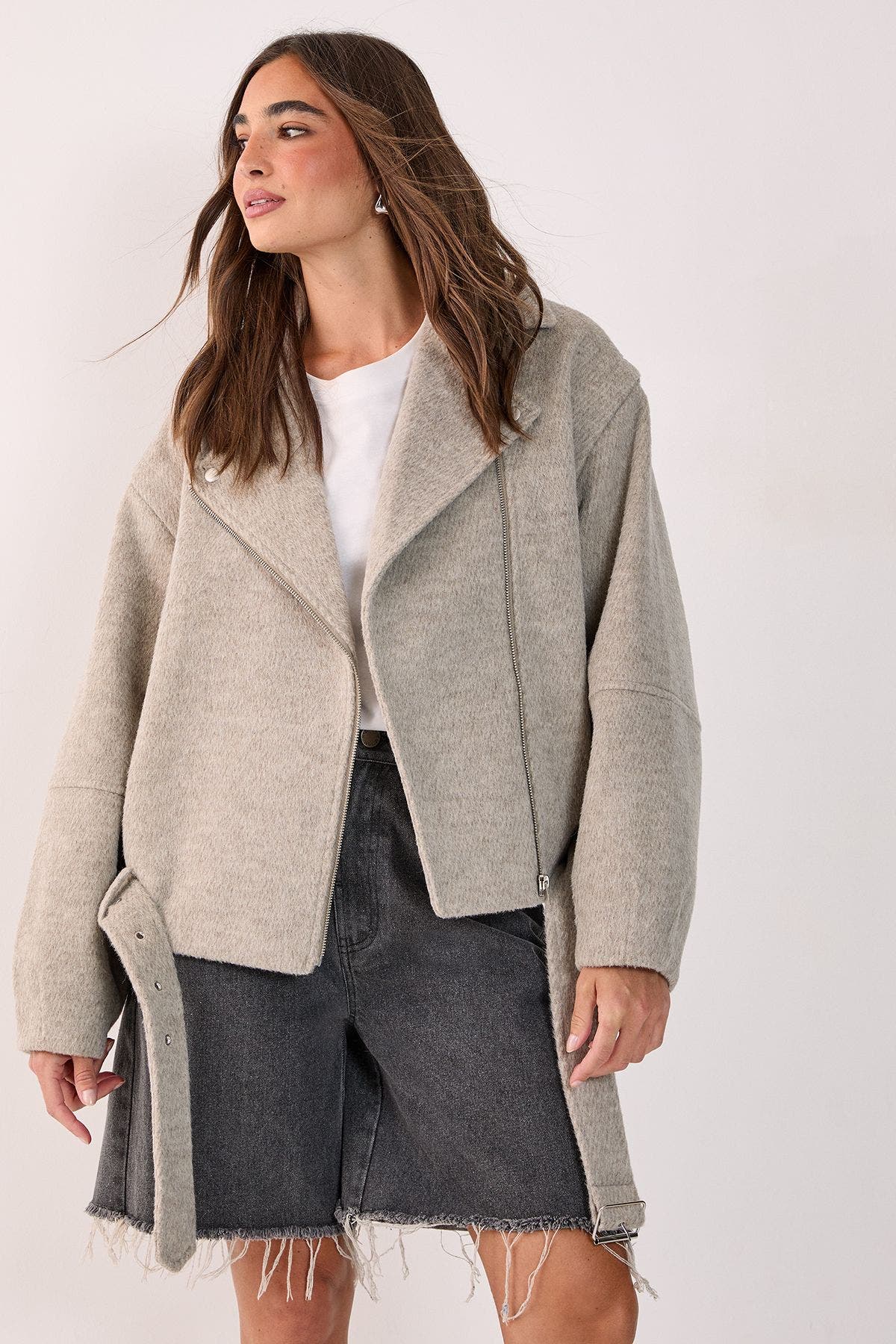 Nasty Gal Oversized Brushed Belted Biker Jacket In Gray
