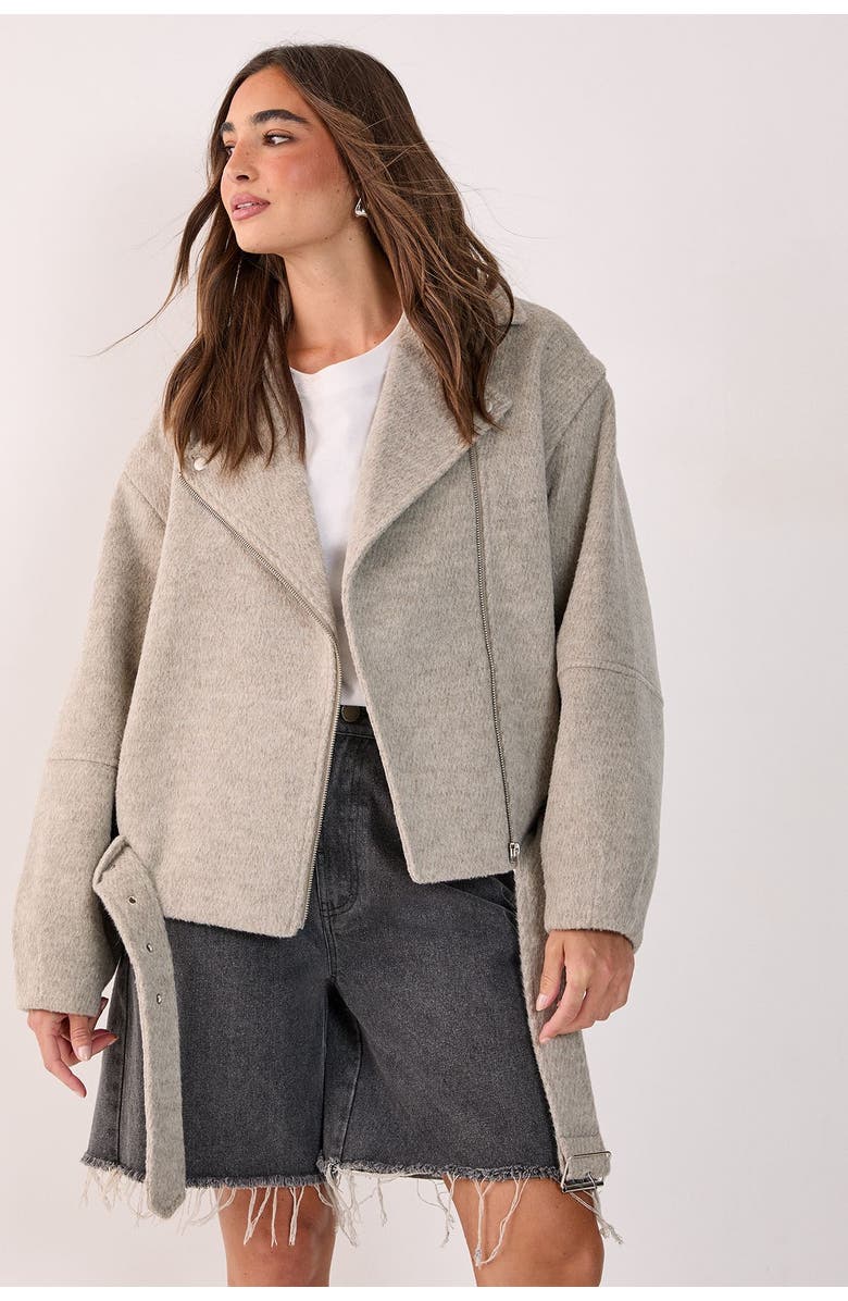 NASTY GAL Oversized Brushed Belted Biker Jacket, Main, color, Mink