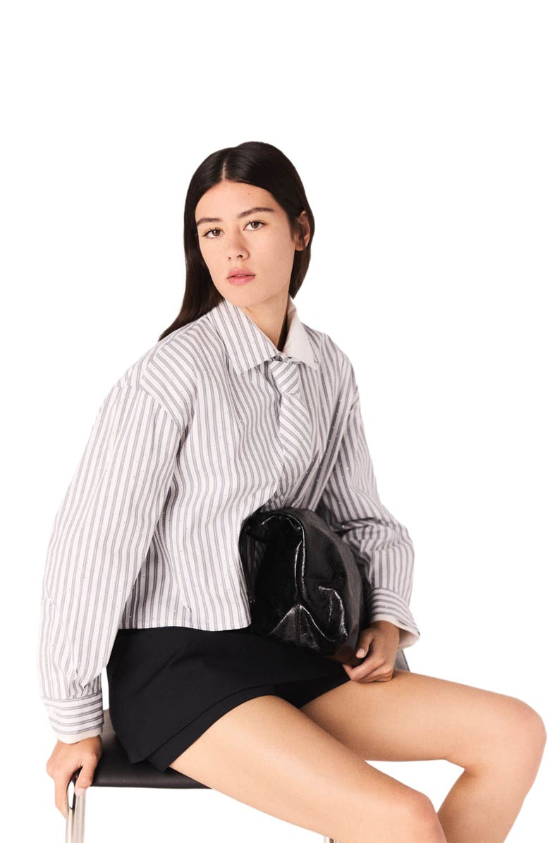 maje Rhinestone shirt with removable tie, Alternate, color, Ecru Stripes