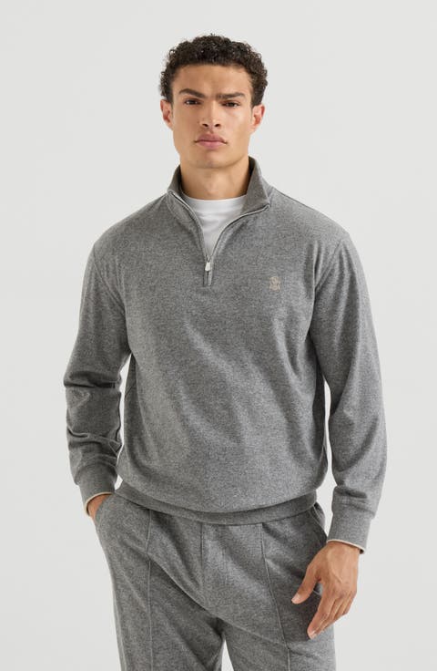 Cashmere jersey sweater with half zip and embroidered logo