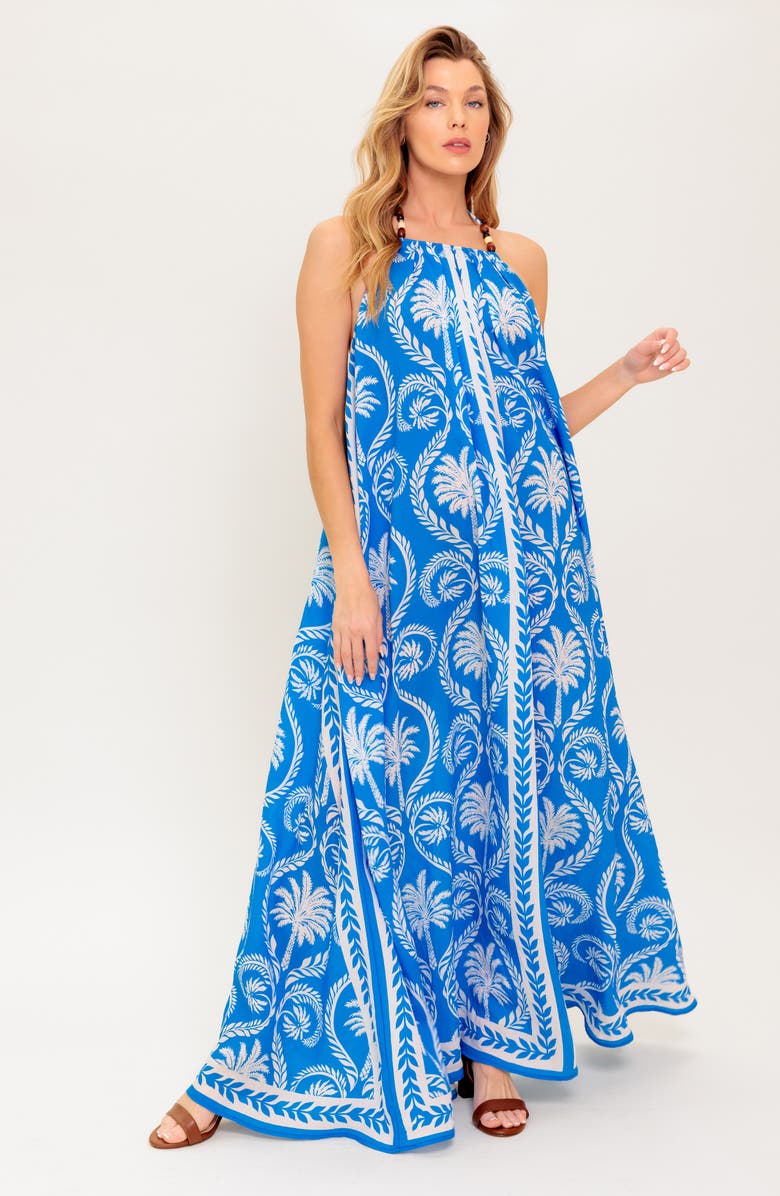 FLYING TOMATO Tropical Print Halter Maxi Dress, Alternate, color, Blue/ White