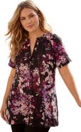 Roaman's Plus Size Angelina Crinkle Crepe Y-Neck Short Sleeve Tunic