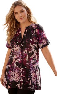 Roaman's Plus Size Angelina Crinkle Crepe Y-Neck Short Sleeve Tunic