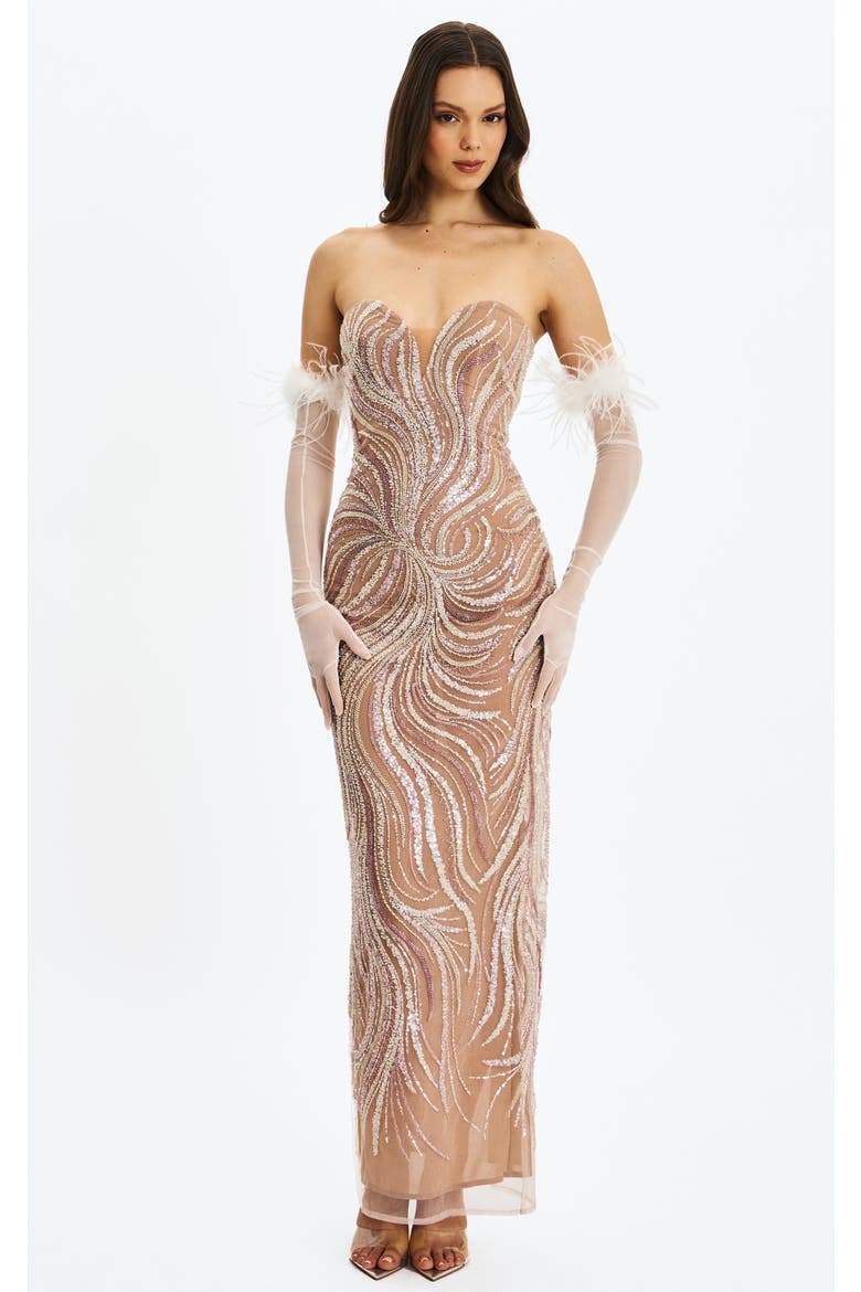 Quinci Beaded Sequin Sweetheart Maxi Dress, Main, color, Apricot