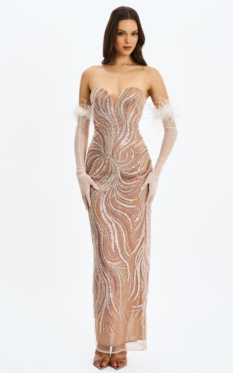 Quinci Beaded Sequin Sweetheart Maxi Dress