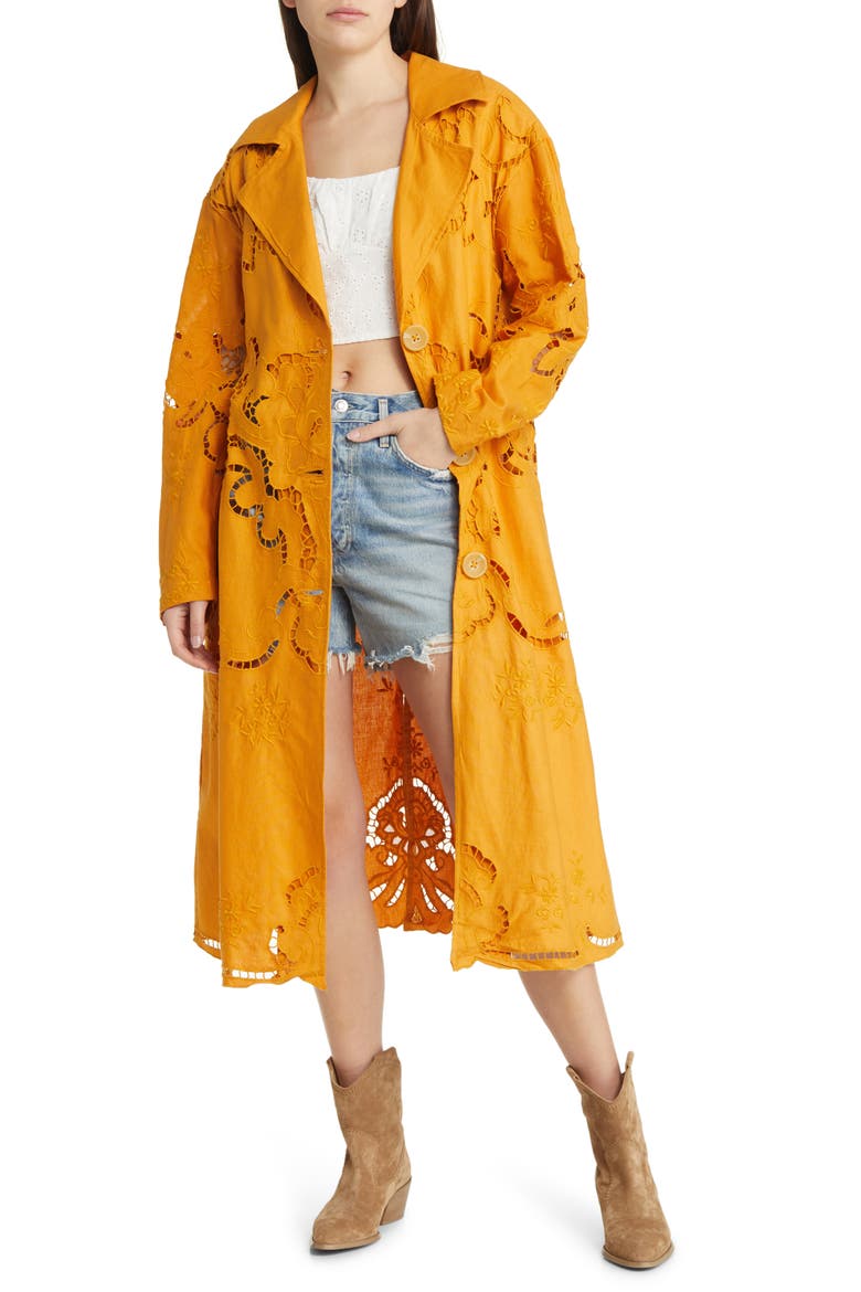 Susanna Eyelet Cotton & Linen Coat, Main, color, MUSTARD