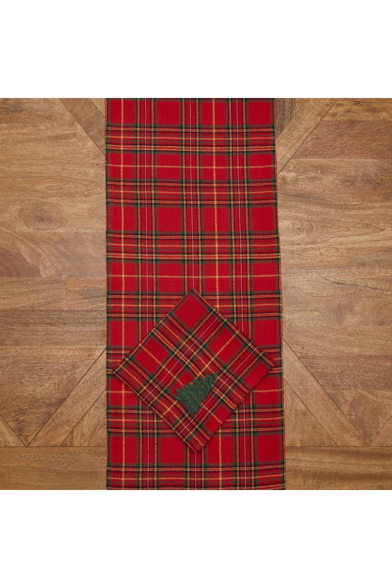Spruce Pine Tree Embroidery on Plaid Runner 14" x 72", Alternate, color, Green