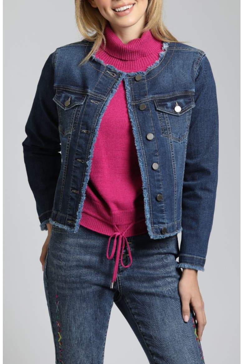 Frayed Collarless Denim Jacket, Main, color, INDIGO