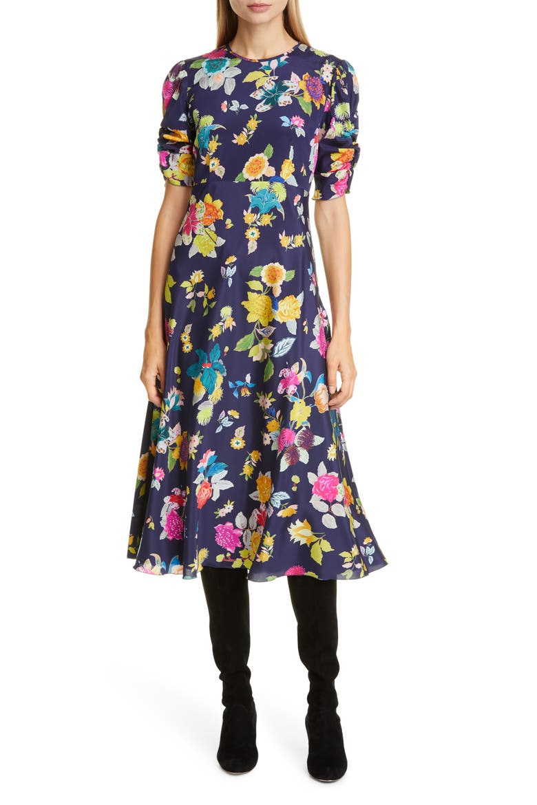 Floral Print Ruched Sleeve Midi Dress, Main, color, NAVY