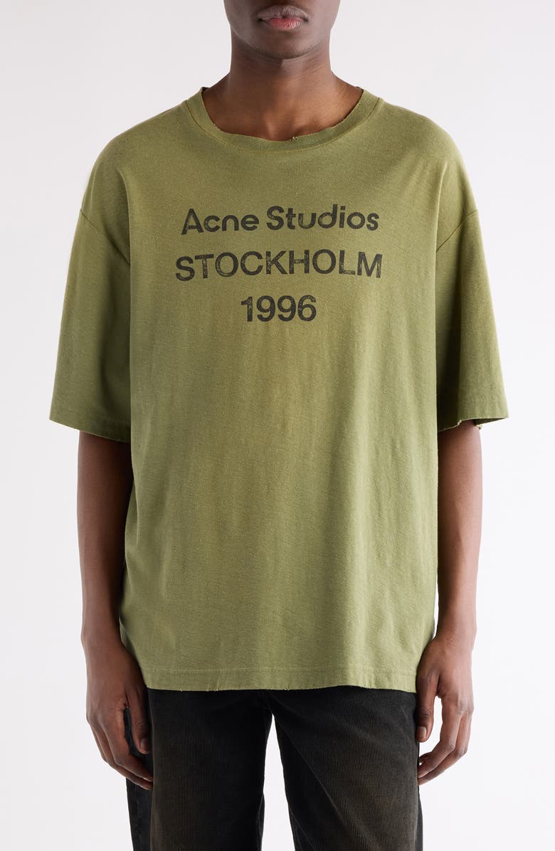 Acne Studios 1996 Logo Distressed Cotton & Hemp Graphic Tee, Main, color, Olive Green