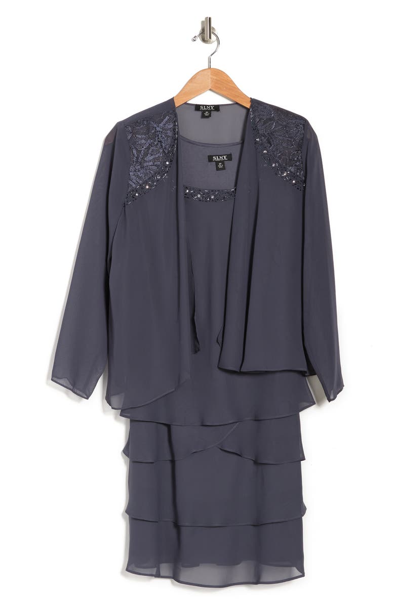 SL FASHIONS Beaded Accent Jacket & Tiered Dress 2-Piece Set, Alternate, color,
