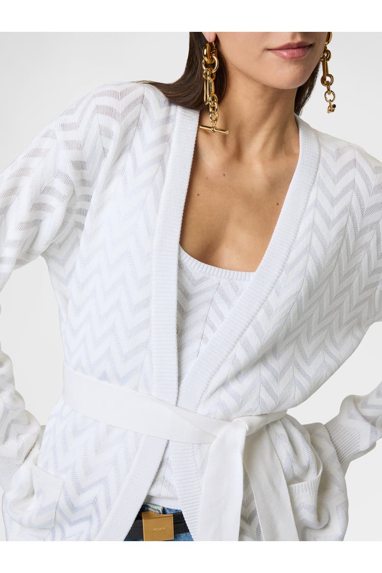 Cardigan In Cotton And Viscose Chevron With Belt, Alternate, color, White