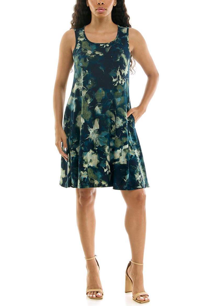 Print Trapeze Dress, Main, color, NAVY/ BASIL MULTI