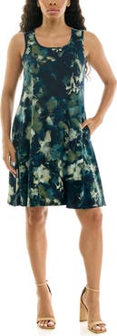 Nina Leonard Print Trapeze Dress