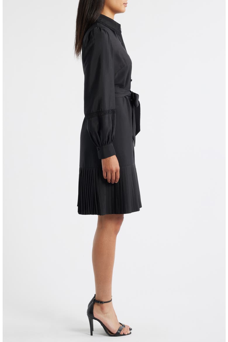 Lace Detail Long Sleeve Pleated Shirtdress, Alternate, color, BLACK
