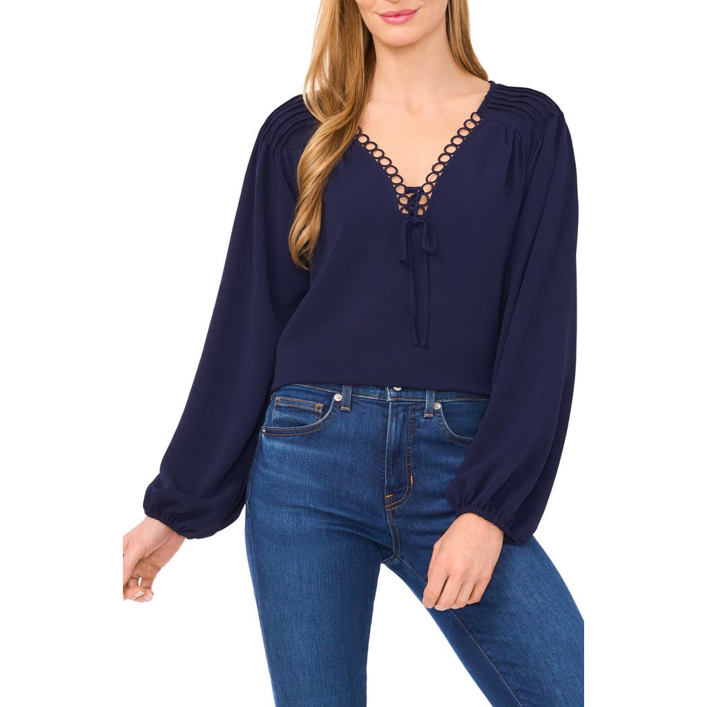 Cece Circle Lace Long Sleeve Pintuck Top In Blue