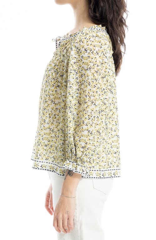 Max Studio Floral Three-quarter Bubble Sleeve Top In Ivory/yellow