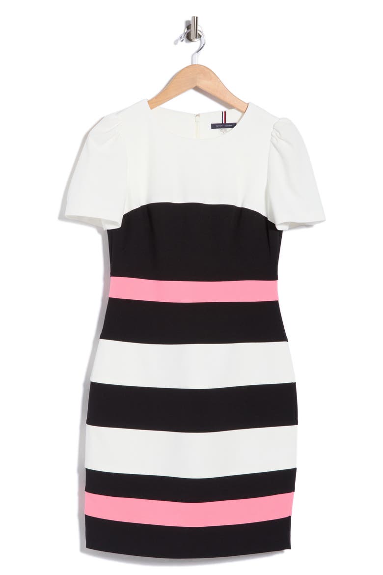 Short Sleeve Colorblock Sheath Dress, Alternate, color, IVO/BLK/PEONY