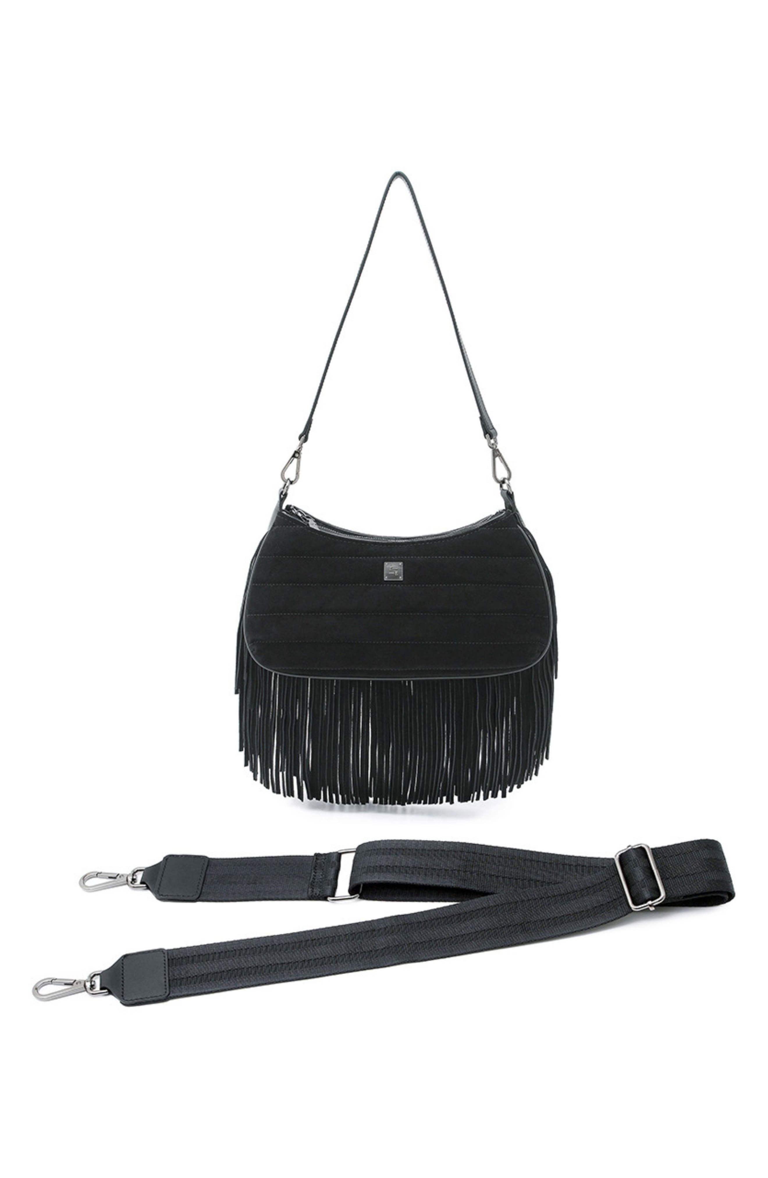 Maverick Fringe Leather Crossbody Bag, Alternate, color, BLACK SUEDE